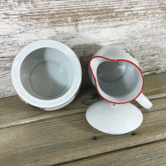 Cuthbertson American Christmas Tree Creamer & Sugar Bowl Set Porcelain Red Trim - Picture 7 of 10